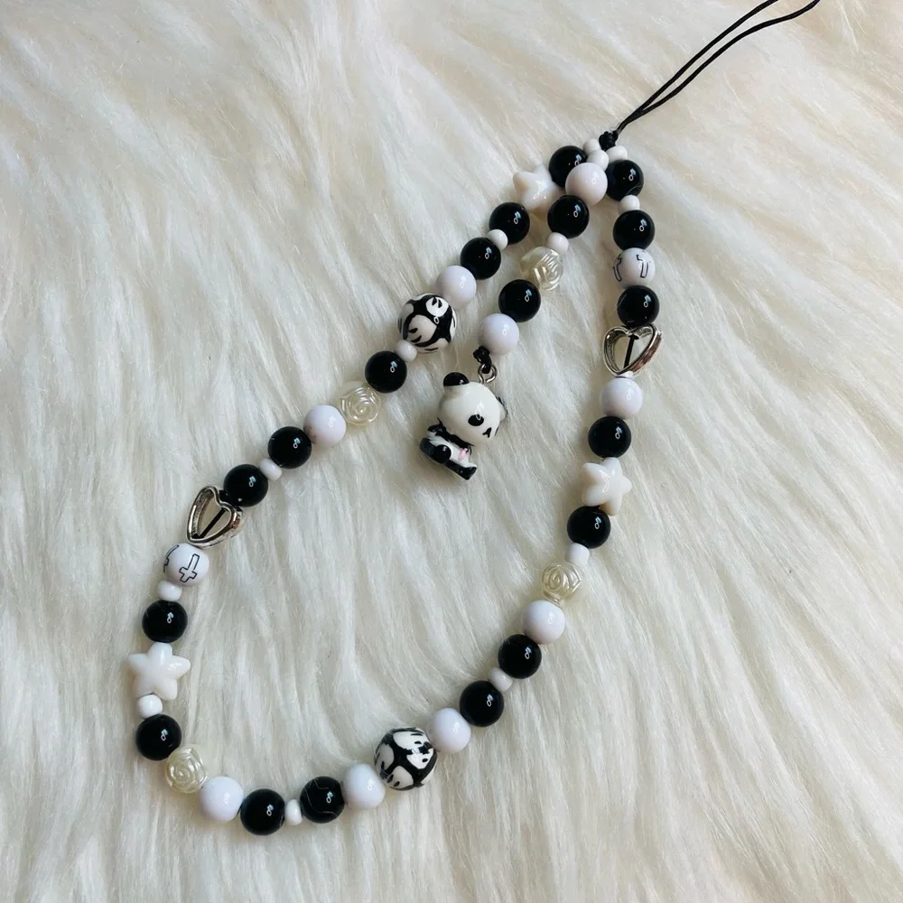 Y2k Panda Beaded Phone Charm Strap black White New Handmade Birthday Gift